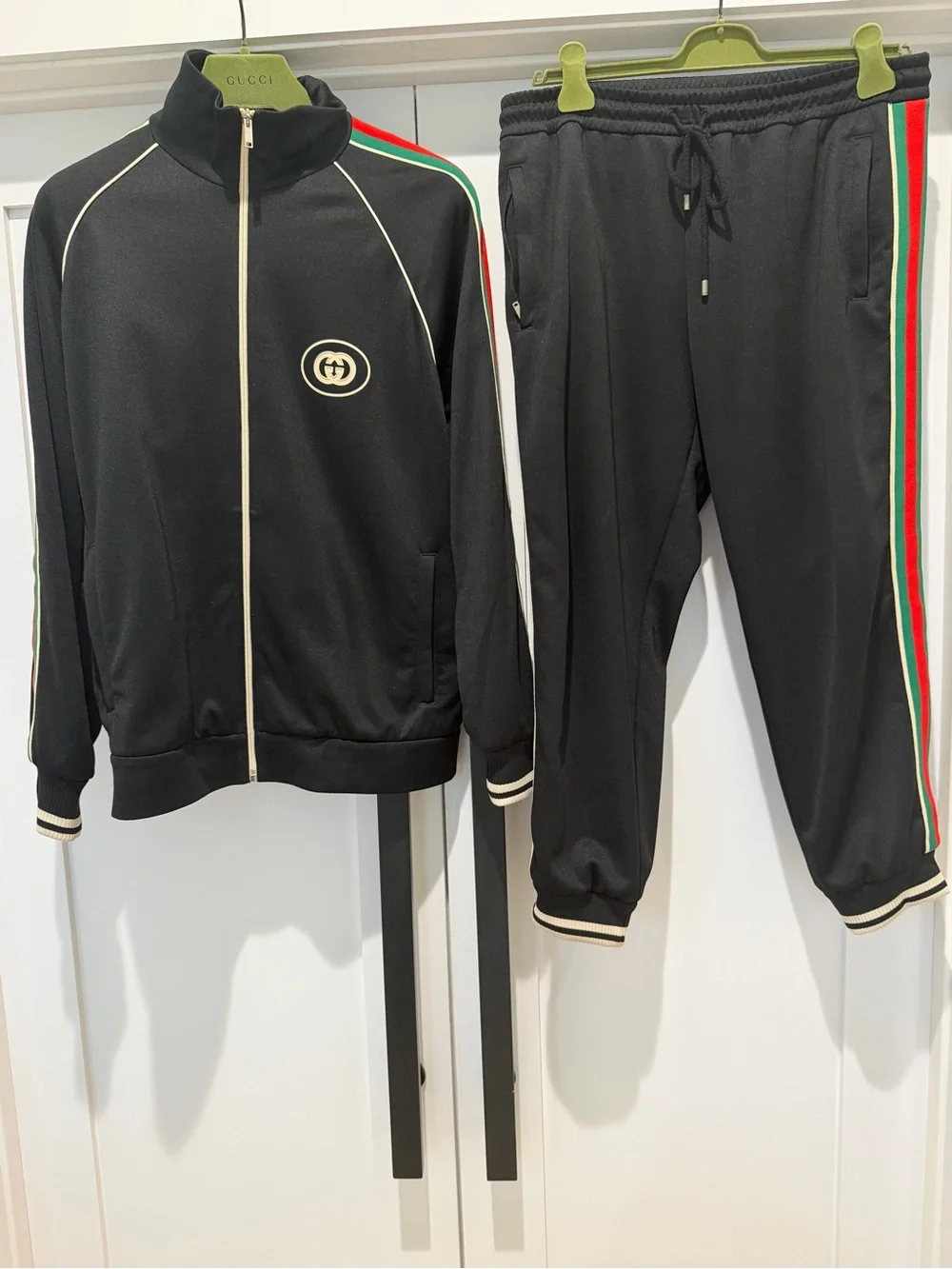 Gucci Black Zip-Front Track Jacket with Red & Green Stripe Pant Set